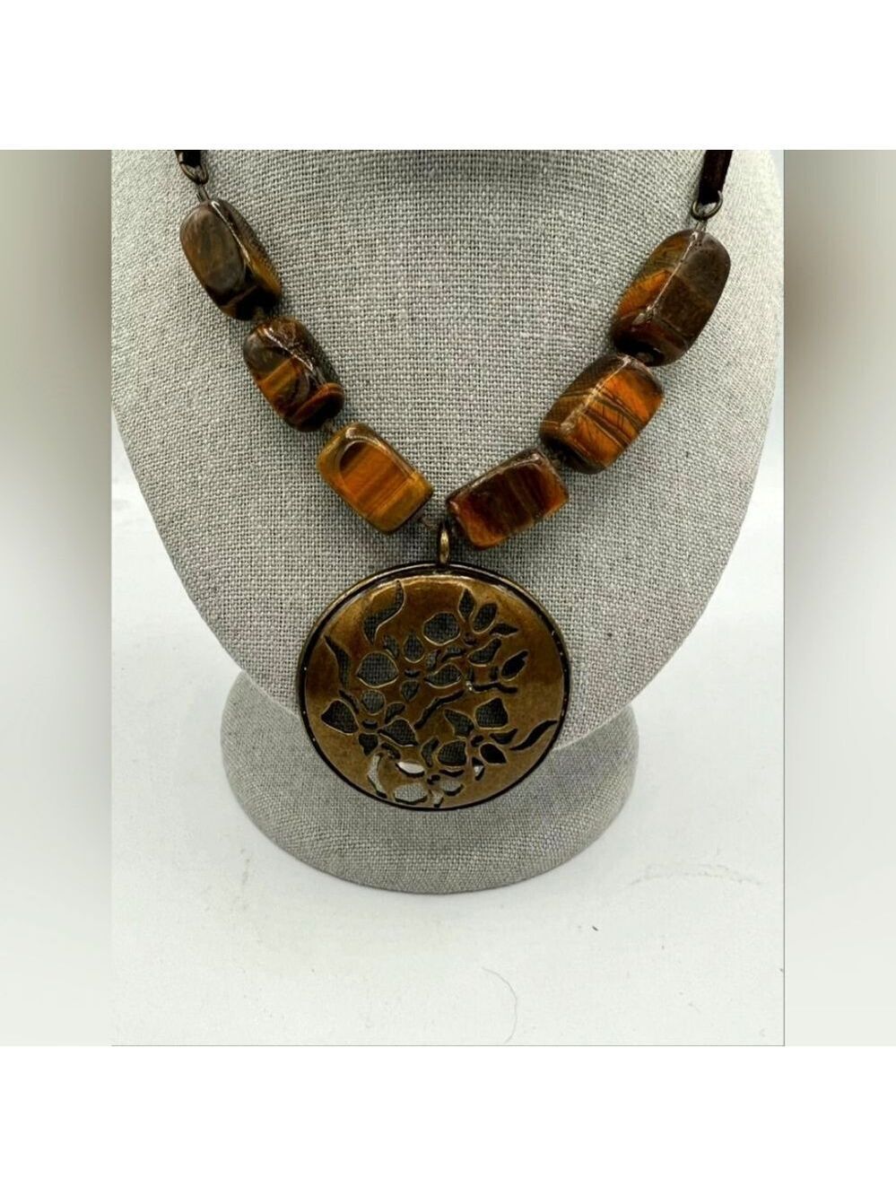 Avon Tigers Eye Necklace Brasstone Cut Out Floral Pendant